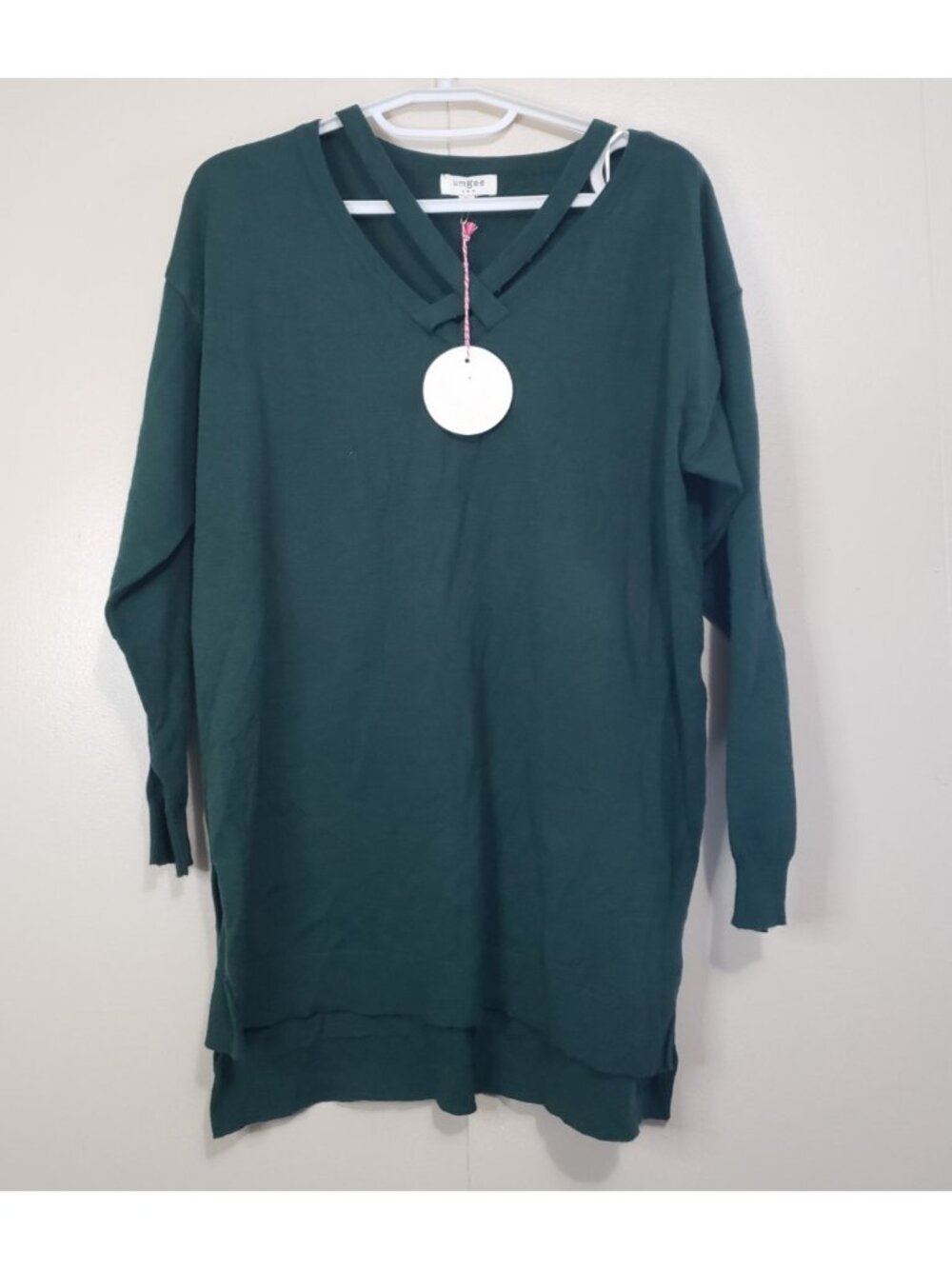 Umgee Women S Long Sweater Top Green Strappy V Neck Pullover Ribbed Hem Slit NWT
